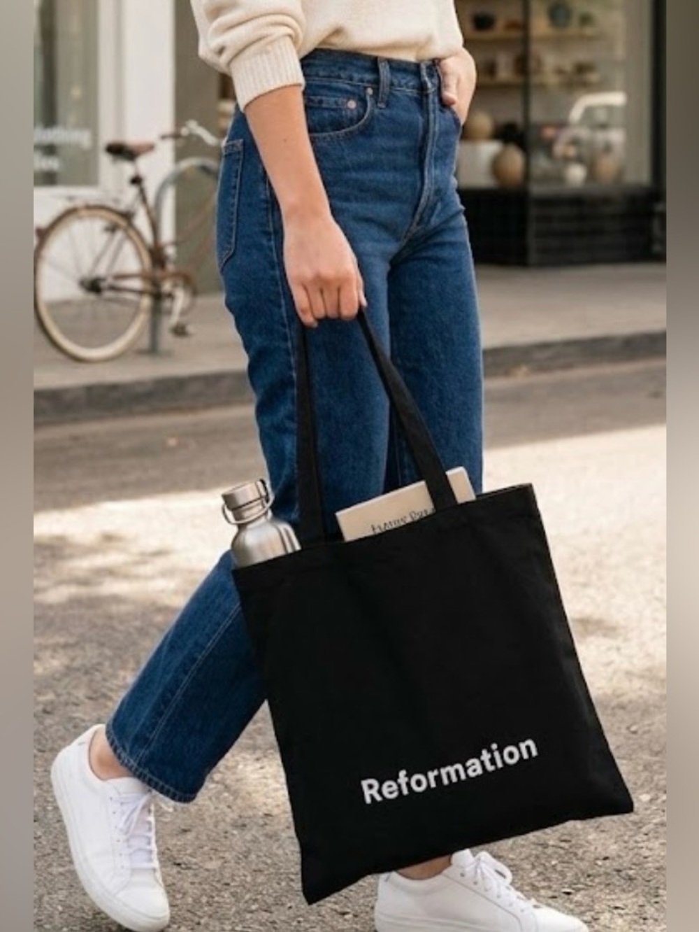 NEW, Reformation Black Canvas Tote 12.5” X 13” Shopping Bag Logo Lightweight Bag